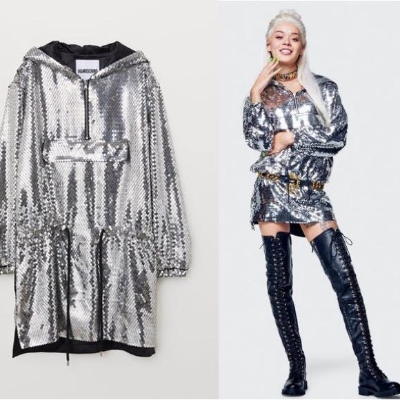 H&Moschino Silver Sequin Hooded Jacket Jeremy Scott XS - Picture 1 of 2